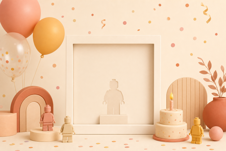 Personalised birthday minifigure display frame with cake design