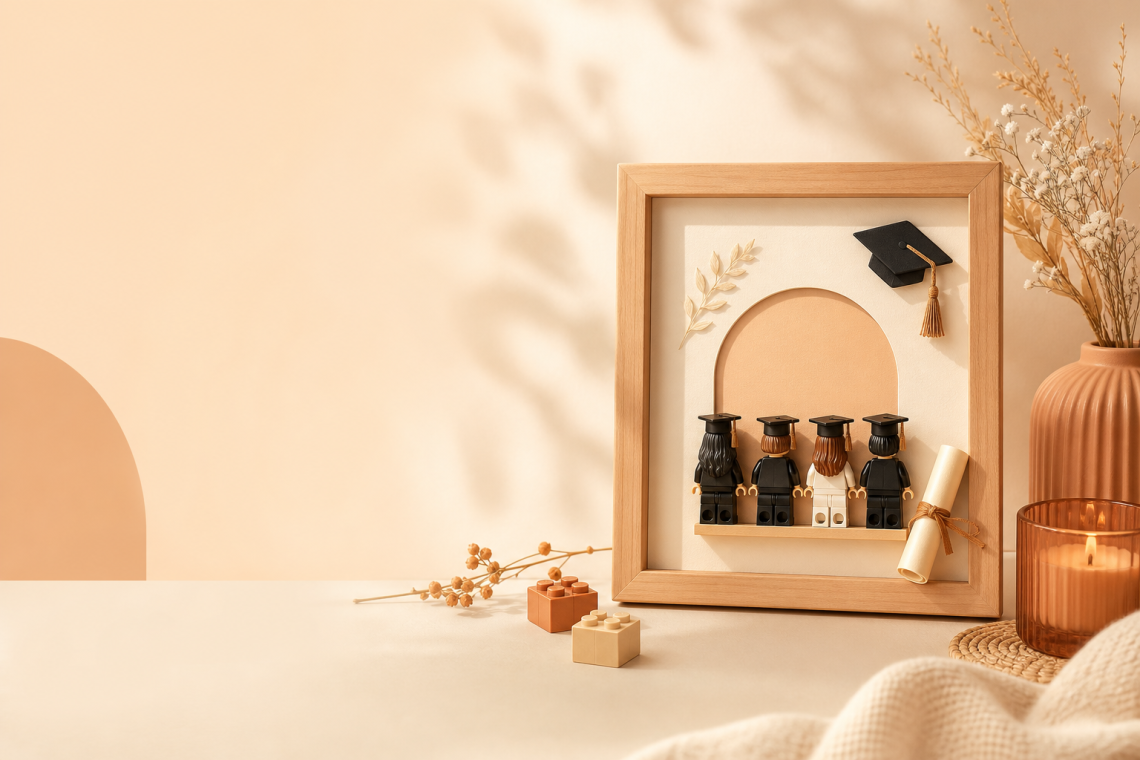 Personalised graduation minifigure display frame in school colours