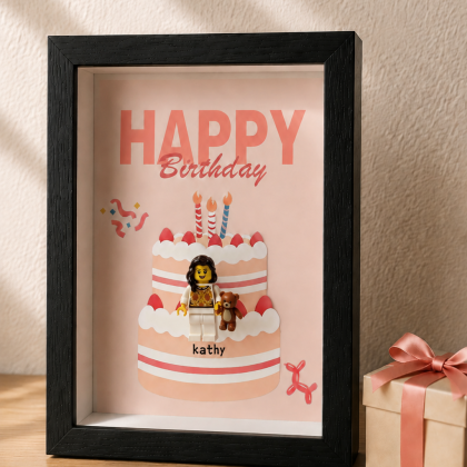 Personalised birthday minifigure display frame with cake design and gift box
