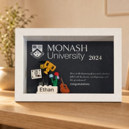 Personalised graduation minifigure display frame in Monash University colours