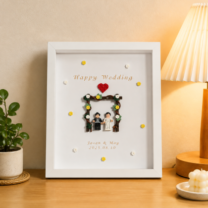 Personalised wedding minifigure display frame for a bride and groom